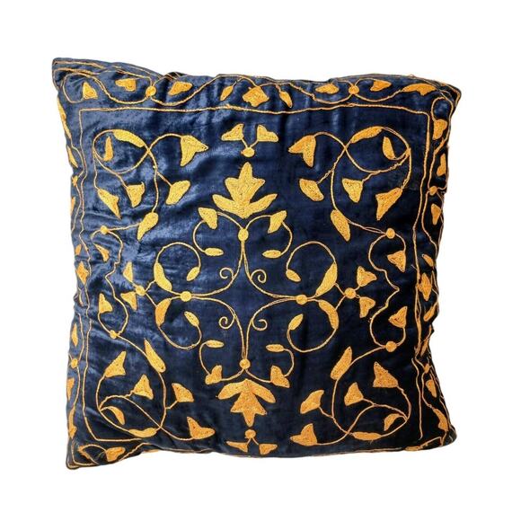 Decor Pillow DOWN 16" Blue VELVET w Gold Embroidery Exotic Fleur de Lis Regency - Picture 12 of 12